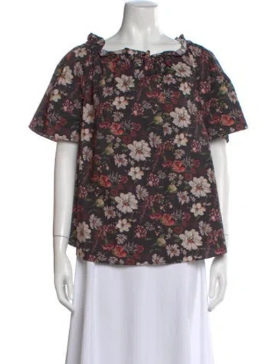 Pre-owned Adam Lippes Floral Print Scoop Neck Blouse In Black