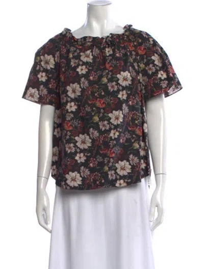Pre-owned Adam Lippes Floral Print Scoop Neck Blouse In Black