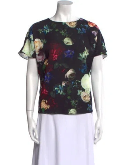 Pre-owned Adam Lippes Floral Print Scoop Neck T-shirt W/ Tags In Black