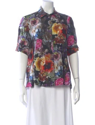 Pre-owned Adam Lippes Floral Print Short Sleeve Blouse In Black