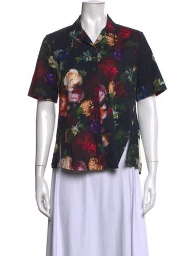Pre-owned Adam Lippes Floral Print Short Sleeve Blouse In Black