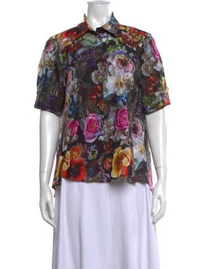 Pre-owned Adam Lippes Floral Print Short Sleeve Blouse In Black