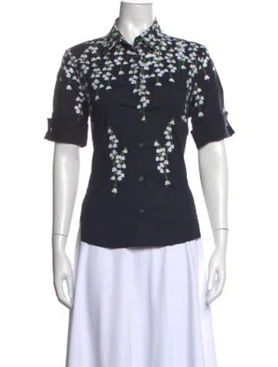 Pre-owned Adam Lippes Floral Print Short Sleeve Blouse In Blue
