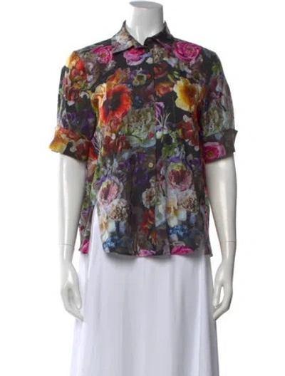 Pre-owned Adam Lippes Floral Print Short Sleeve Blouse In Multi