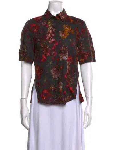 Pre-owned Adam Lippes Floral Print Short Sleeve Blouse In Multicolor