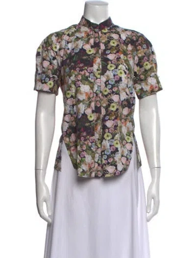Pre-owned Adam Lippes Floral Print Short Sleeve Blouse In Neutral