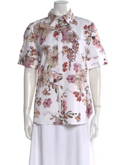 Pre-owned Adam Lippes Floral Print Short Sleeve Blouse W/ Tags In White
