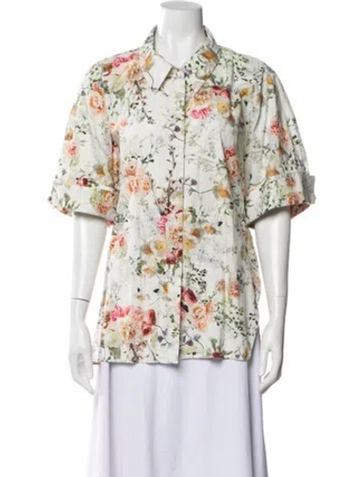 Pre-owned Adam Lippes Floral Print Short Sleeve Blouse In White