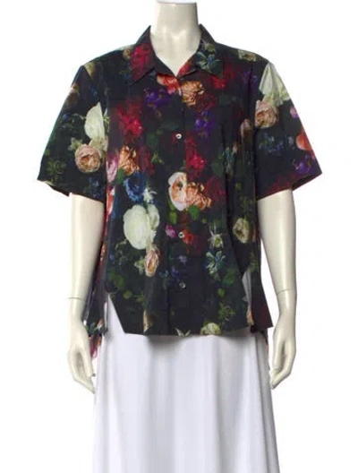Pre-owned Adam Lippes Floral Print Short Sleeve Button-up Top In Black