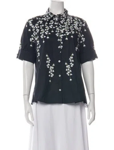 Pre-owned Adam Lippes Floral Print Short Sleeve Button-up Top In Blue