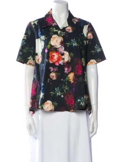 Pre-owned Adam Lippes Floral Print Short Sleeve Button-up Top In Green