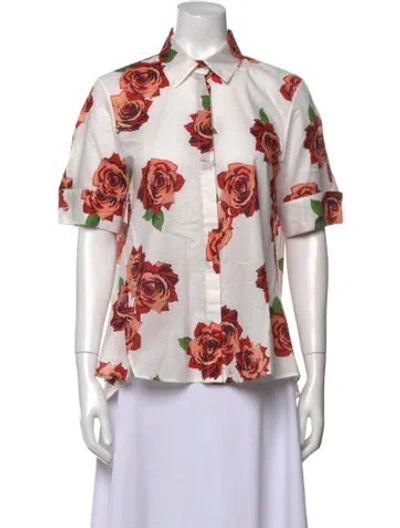Pre-owned Adam Lippes Floral Print Short Sleeve Button-up Top In Multi