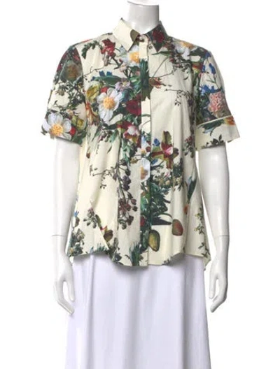 Pre-owned Adam Lippes Floral Print Short Sleeve Button-up Top In Neutrals