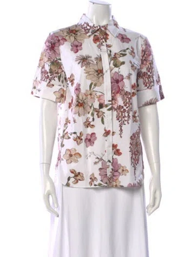 Pre-owned Adam Lippes Floral Print Short Sleeve Button-up Top In White
