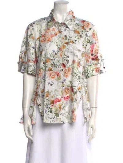 Pre-owned Adam Lippes Floral Print Short Sleeve Button-up Top In White