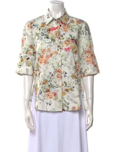 Pre-owned Adam Lippes Floral Print Three-quarter Sleeve Button-up Top In Neutral