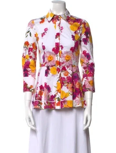 Pre-owned Adam Lippes Floral Print Three-quarter Sleeve Button-up Top In White