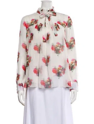 Pre-owned Adam Lippes Floral Print Tie Neck Blouse In White