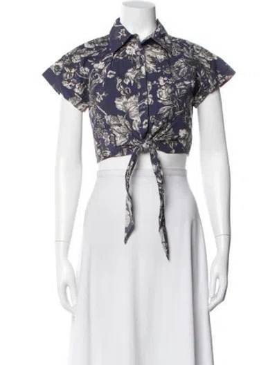 Pre-owned Adam Lippes Floral Print Tie Neck Blouse In White
