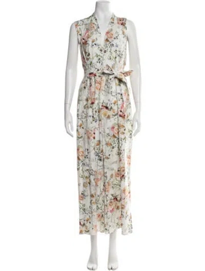 Pre-owned Adam Lippes Floral Print V-neck Jumpsuit In White