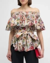 ADAM LIPPES FLORAL-PRINT VOILE SMOCKED OFF-THE-SHOULDER TOP
