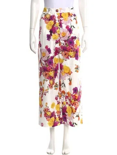 Pre-owned Adam Lippes Floral Print Wide Leg Pants In White