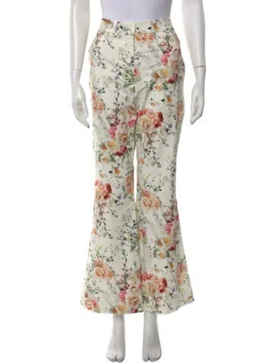 Pre-owned Adam Lippes Floral Print Wide Leg Pants In White