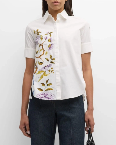 Adam Lippes Flower-print Sort-sleeve Collared Poplin Trapeze Shirt In White Multi