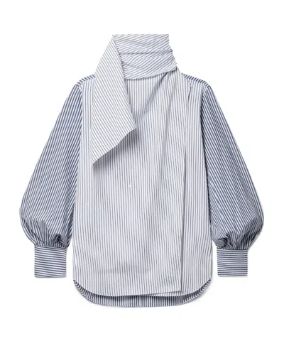 Adam Lippes Foulard Draped Striped Cotton-poplin Turtleneck Blouse In White