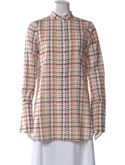 Pre-owned Adam Lippes Houndstooth Print Long Sleeve Blouse In White