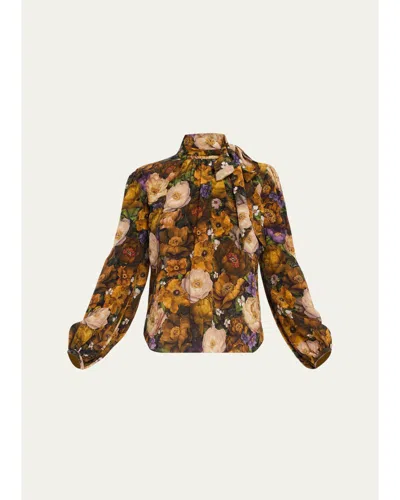Adam Lippes Joan Floral Silk Neck Scarf Long-sleeve Top In Gold Flora