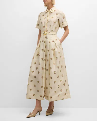 Adam Lippes Leighton Floral Short-sleeve Belted Maxi Western Shirtdress In Cream Floral