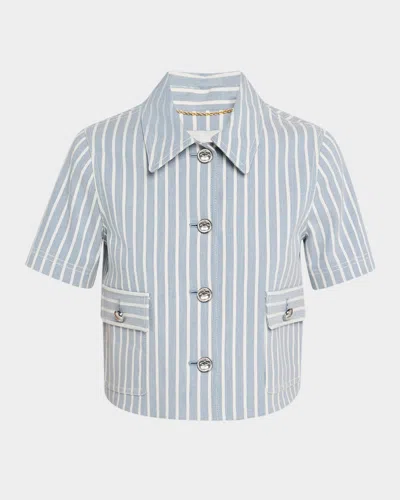 Adam Lippes Marseille Hickory Striped Denim Crop Shirt Jacket In Stone Bluechalk