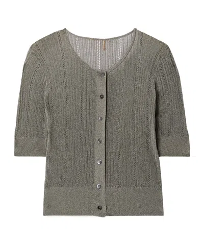 Adam Lippes Metallic Pointelle And Ribbed-knit Cardigan In Gray