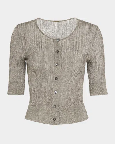 Adam Lippes Metallic Rib Short-sleeve Cardigan In Nickel