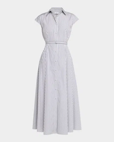 Adam Lippes Palmer Striped Cap-sleeve Belted Maxi Shirtdress In Gray