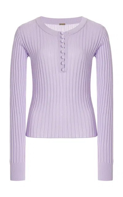 Adam Lippes Parker Ribbed-knit Cashmere-silk Henley Top In Purple