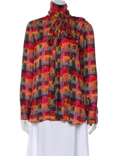 Pre-owned Adam Lippes Patterned Tie Neck Blouse In Red