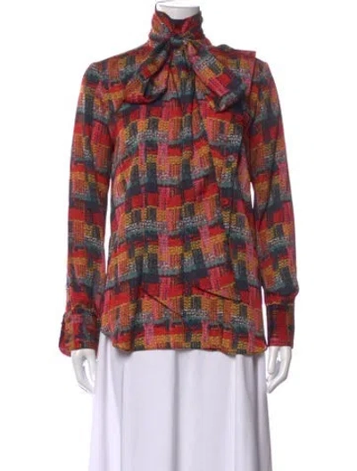 Pre-owned Adam Lippes Patterned Tie Neck Blouse In Red