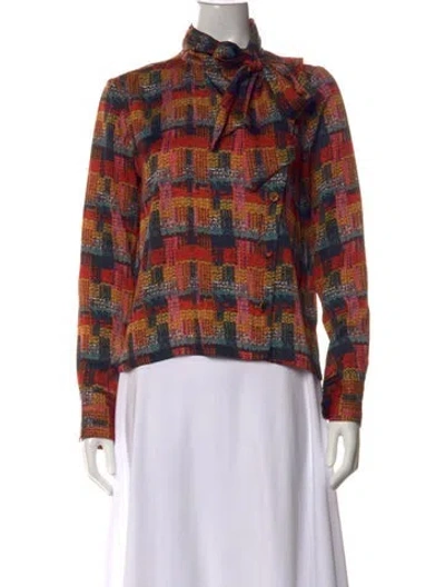 Pre-owned Adam Lippes Patterned Tie Neck Top In Multi