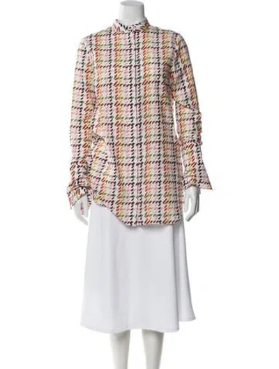 Pre-owned Adam Lippes Plaid Print Long Sleeve Button-up Top In White
