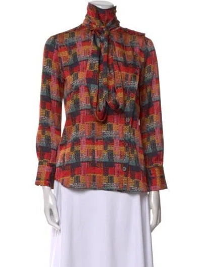 Pre-owned Adam Lippes Plaid Print Mock Neck Blouse In Red