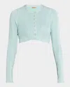 Adam Lippes Pointelle Compact Jacquard Crewneck Crop Cardigan In Mist