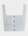Adam Lippes Quinn Hickory Stripe Denim Button Crop Top In Stone Bluechalk