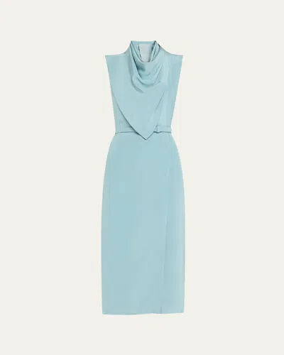 Adam Lippes Scarf Drape Silk Crepe Midi Dress With Belt In Mist