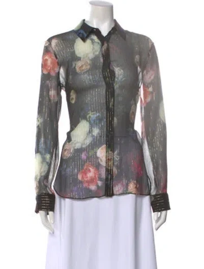 Pre-owned Adam Lippes Silk Floral Print Blouse In Black