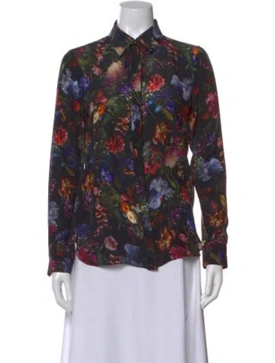 Pre-owned Adam Lippes Silk Floral Print Blouse In Black