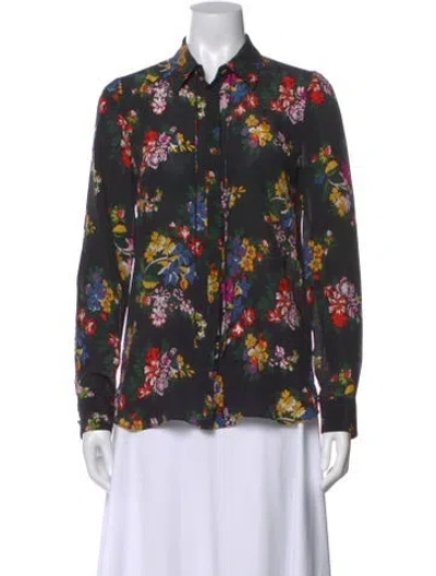 Pre-owned Adam Lippes Silk Floral Print Blouse In Black
