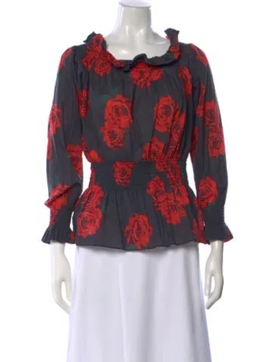 Pre-owned Adam Lippes Silk Floral Print Blouse In Red