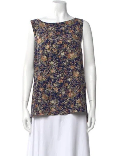 Pre-owned Adam Lippes Silk Floral Print Top In Blue